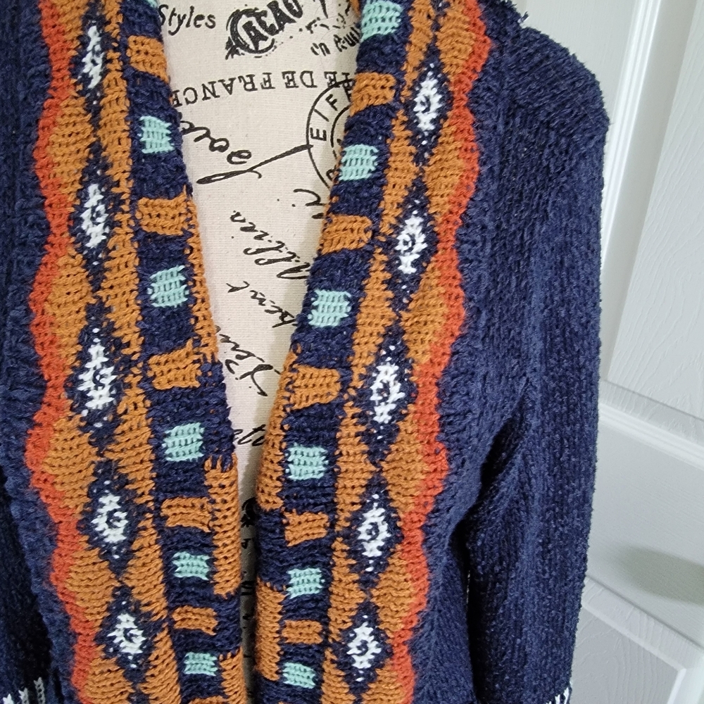 Tassel Hem Open Front Duster (Navy, Brick Red) Women's size Medium Pockets - Picture 8 of 15